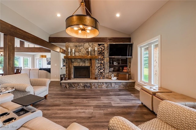 6268 Summers Rd, Windsor, OH 44099 - living area with lofted ceiling, plenty of natural light, wood finished floors, a fireplace, and recessed lighting