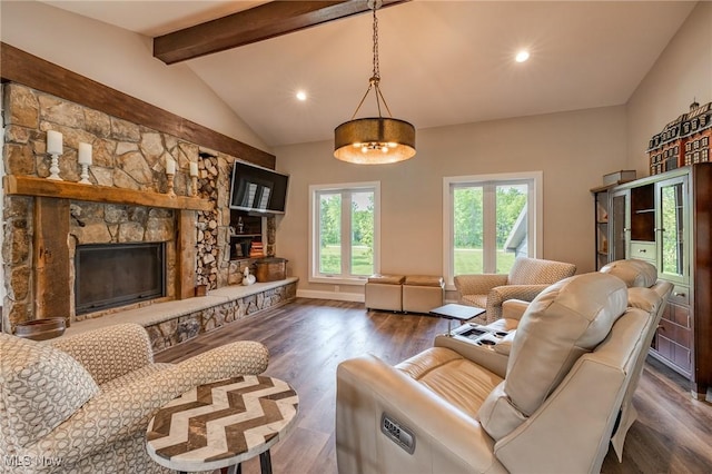 6268 Summers Rd, Windsor, OH 44099 - living area featuring dark wood-style floors, a fireplace, and recessed lighting