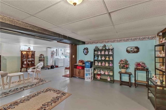 3622 Valacamp Ave SE, Warren, OH 44484 - finished basement with independent washer and dryer, a drop ceiling, and concrete block wall