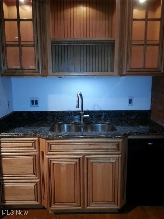 1401 W 75th St Unit D, Cleveland, OH 44102 - kitchen with a sink, dishwashing machine, glass insert cabinets, and dark stone countertops