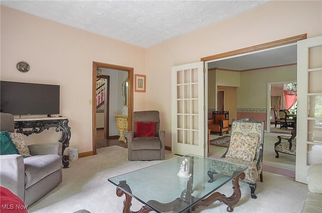 8650 Hidden Hills Dr SE, Howland, OH 44484 - living area featuring carpet floors, french doors, and a textured ceiling