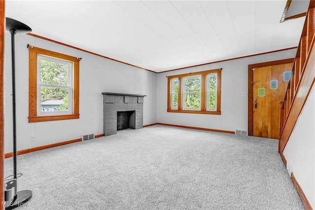 10790 Good Hope Pike, Jane Lew, WV 26378 - unfurnished living room featuring carpet, healthy amount of natural light, ornamental molding, and baseboards