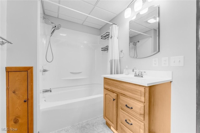 10790 Good Hope Pike, Jane Lew, WV 26378 - bathroom featuring a paneled ceiling, shower / tub combo, vanity, and marble finish flooring