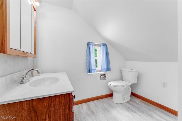 10790 Good Hope Pike, Jane Lew, WV 26378 - bathroom with vaulted ceiling, vanity, toilet, baseboards, and wood finished floors