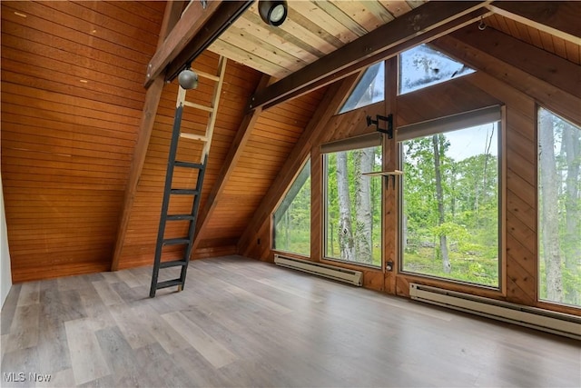 6226 Mayburn Barclay Rd, Kinsman, OH 44428 - additional living space featuring a baseboard radiator, wood ceiling, plenty of natural light, wood finished floors, and wooden walls