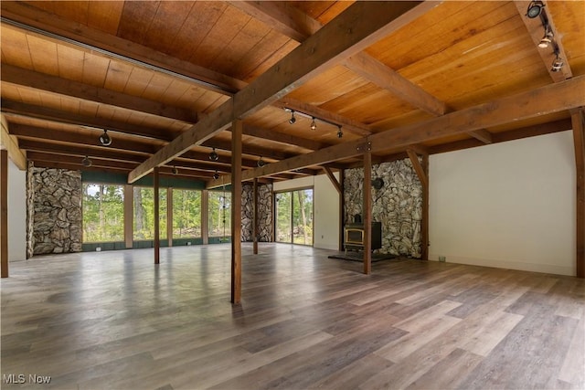 6226 Mayburn Barclay Rd, Kinsman, OH 44428 - unfurnished room featuring track lighting, wood ceiling with exposed beams, wood finished floors, and baseboards