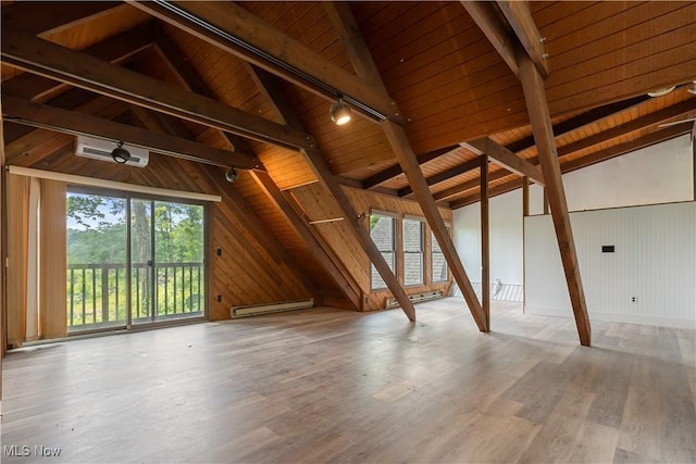 6226 Mayburn Barclay Rd, Kinsman, OH 44428 - unfurnished living room with wooden ceiling, baseboard heating, wood walls, wood finished floors, and track lighting