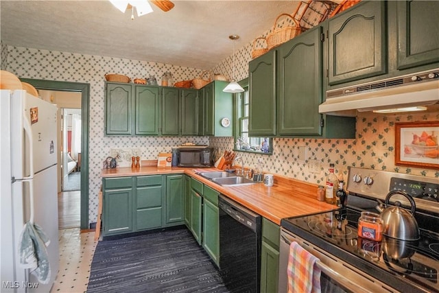1415 Inwood Rd, Alliance, OH 44601 - kitchen with stainless steel electric range, dishwasher, freestanding refrigerator, green cabinets, and under cabinet range hood