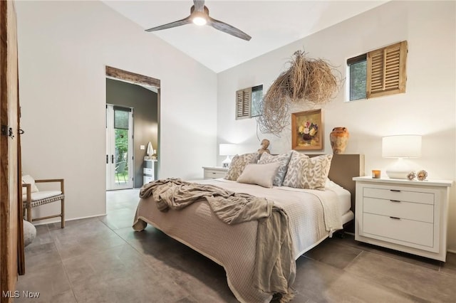 7090 Country Ln, Chagrin Falls, OH 44023 - bedroom with vaulted ceiling, concrete flooring, access to exterior, and ceiling fan