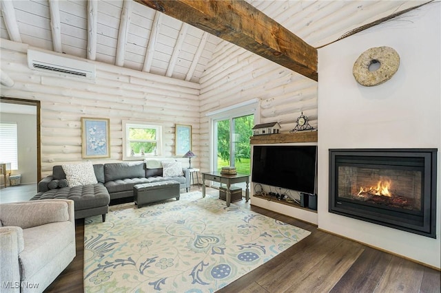 7090 Country Ln, Chagrin Falls, OH 44023 - living area with a wall unit AC, log walls, wood ceiling with exposed beams, wood finished floors, and high vaulted ceiling