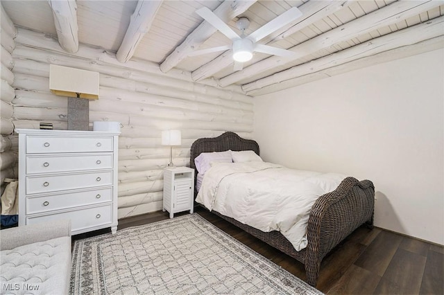 7090 Country Ln, Chagrin Falls, OH 44023 - bedroom with rustic walls, wood finished floors, wooden ceiling with exposed beams, and a ceiling fan