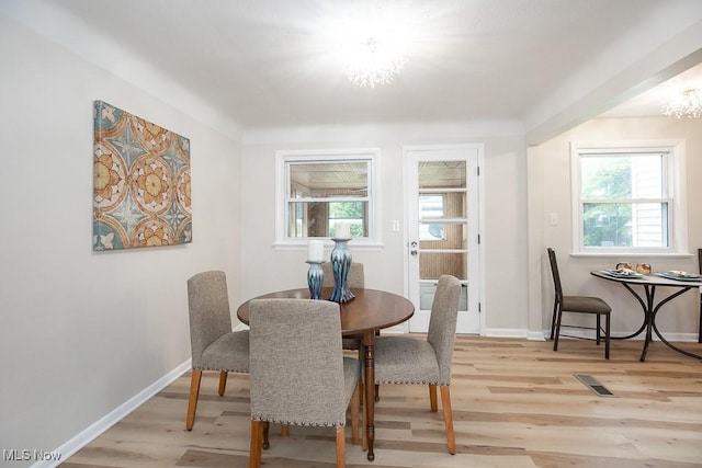 3762 Covington Rd, South Euclid, OH 44121 - dining space with a chandelier, light wood-type flooring, plenty of natural light, and baseboards