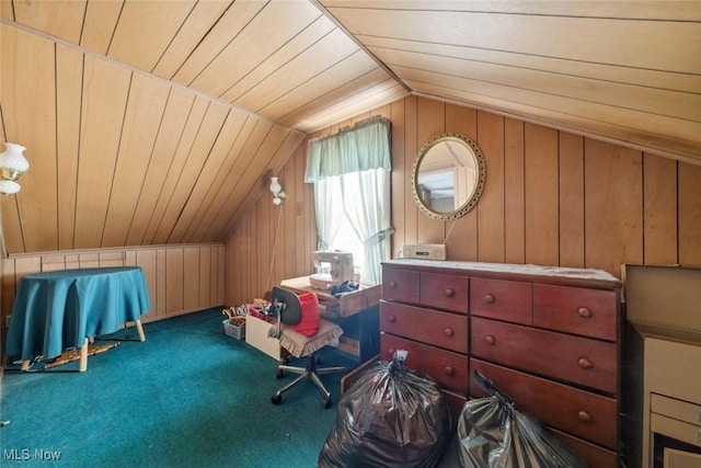 7100 Barton Rd, North Olmsted, OH 44070 - additional living space featuring vaulted ceiling, wooden ceiling, wooden walls, and carpet flooring