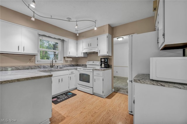 3895 Mars Dr, Brunswick, OH 44212 - kitchen featuring white electric stove, under cabinet range hood, a sink, light wood-style flooring, and white cabinets