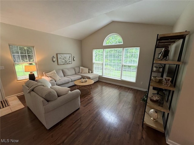 5645 Clingan Rd Unit 2D, Struthers, OH 44471 - living area with vaulted ceiling, dark wood-style flooring, and baseboards