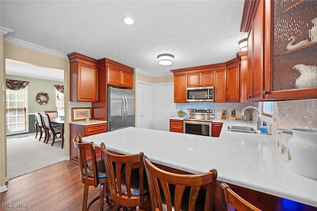 11291 Highland View Dr, Chardon, OH 44024 - kitchen featuring stainless steel appliances, a sink, healthy amount of natural light, light countertops, and ornamental molding
