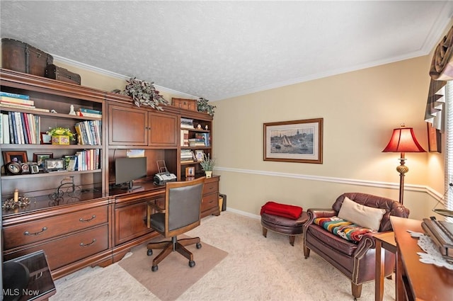 11291 Highland View Dr, Chardon, OH 44024 - home office with light colored carpet, ornamental molding, and baseboards