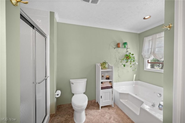 11291 Highland View Dr, Chardon, OH 44024 - full bath with a shower stall, a garden tub, toilet, a textured ceiling, and ornamental molding
