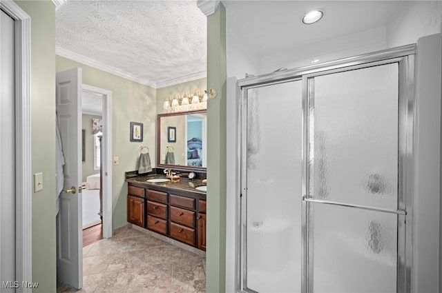 11291 Highland View Dr, Chardon, OH 44024 - bathroom with connected bathroom, double vanity, a stall shower, and crown molding