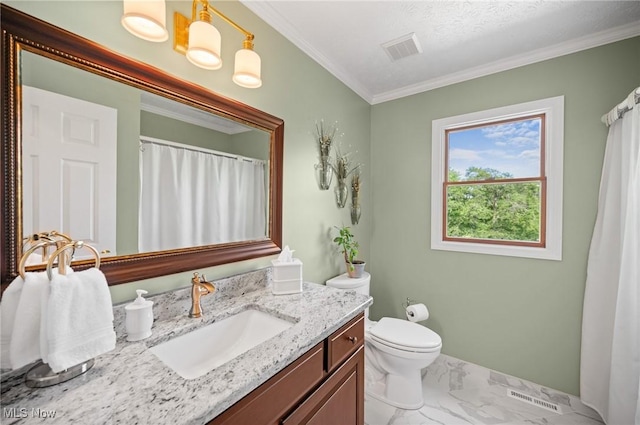 11291 Highland View Dr, Chardon, OH 44024 - bathroom featuring marble finish floors, vanity, ornamental molding, toilet, and a shower with curtain
