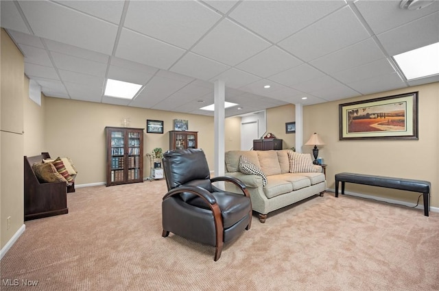 11291 Highland View Dr, Chardon, OH 44024 - living room with carpet flooring, a paneled ceiling, and baseboards