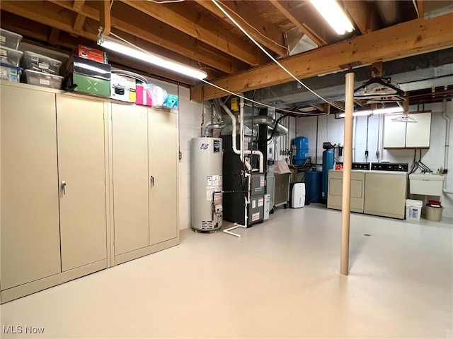 11291 Highland View Dr, Chardon, OH 44024 - unfinished basement featuring gas water heater, independent washer and dryer, heating unit, a water softener, and a sink