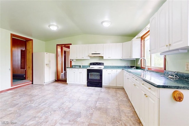 9031 State Route 213, Toronto, OH 43964 - kitchen with electric range oven, white fridge with ice dispenser, under cabinet range hood, lofted ceiling, and a sink