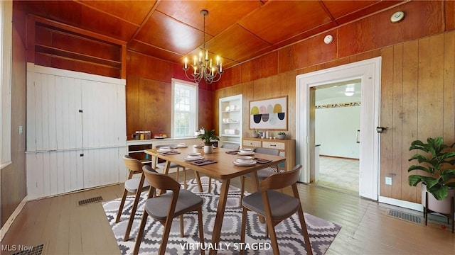 9031 State Route 213, Toronto, OH 43964 - dining area featuring wooden walls, a chandelier, hardwood / wood-style floors, wooden ceiling, and baseboards