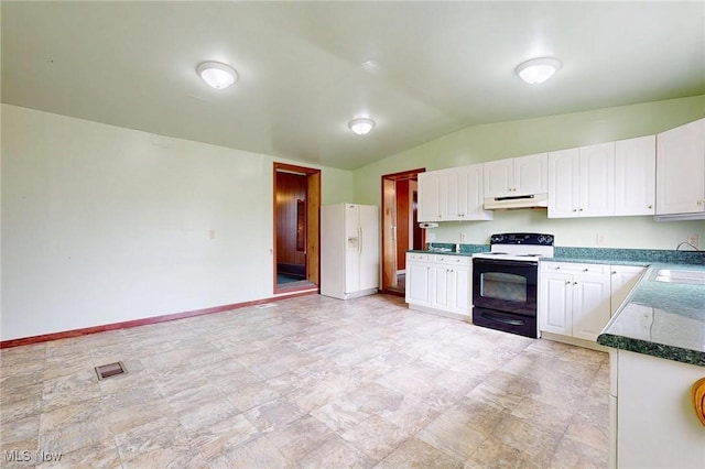 9031 State Route 213, Toronto, OH 43964 - kitchen featuring range with electric cooktop, white fridge with ice dispenser, under cabinet range hood, vaulted ceiling, and a sink