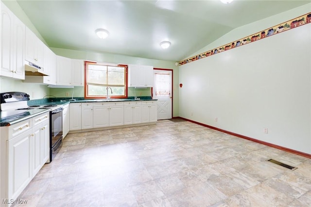 9031 State Route 213, Toronto, OH 43964 - kitchen with electric range oven, under cabinet range hood, lofted ceiling, white cabinets, and a sink