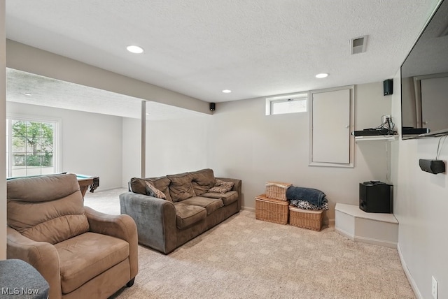3385 Marsh Rd, Stow, OH 44224 - carpeted living room featuring a textured ceiling, recessed lighting, baseboards, and billiards table
