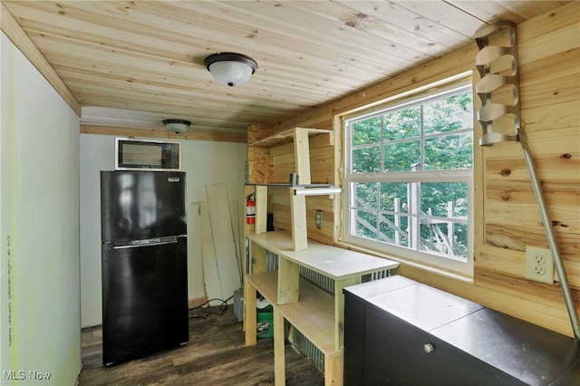 0 Sugargrove Rd, Chandlersville, OH 43727 - kitchen with freestanding refrigerator, dark wood finished floors, and wood ceiling