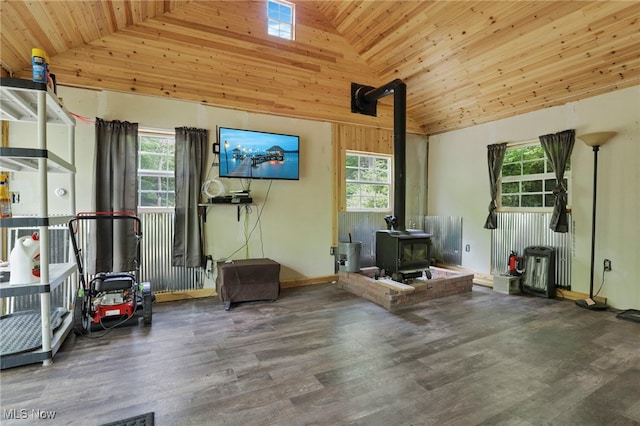 0 Sugargrove Rd, Chandlersville, OH 43727 - exercise room featuring a wood stove, wooden ceiling, plenty of natural light, high vaulted ceiling, and wood finished floors