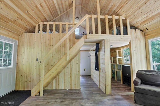 0 Sugargrove Rd, Chandlersville, OH 43727 - stairway featuring lofted ceiling, wood walls, wooden ceiling, and wood finished floors