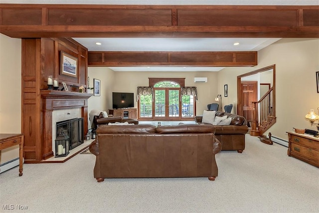 4255 River Rd, Perry, OH 44081 - living area with light colored carpet, a fireplace, beamed ceiling, stairs, and recessed lighting