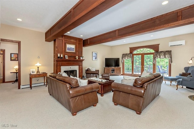 4255 River Rd, Perry, OH 44081 - living area featuring a wall unit AC, light colored carpet, recessed lighting, baseboard heating, and a fireplace