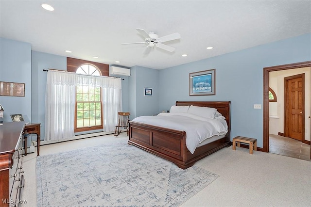 4255 River Rd, Perry, OH 44081 - carpeted bedroom featuring a wall mounted air conditioner, recessed lighting, ceiling fan, and baseboards