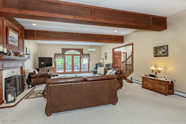 4255 River Rd, Perry, OH 44081 - living room featuring a fireplace with raised hearth, carpet floors, stairway, beamed ceiling, and an AC wall unit