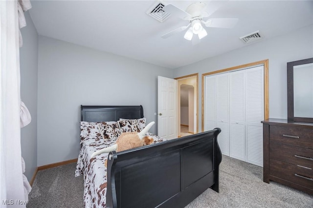33992 Brwnsvl Co Line Rd, New Matamoras, OH 45767 - bedroom featuring light colored carpet, a closet, a ceiling fan, and baseboards
