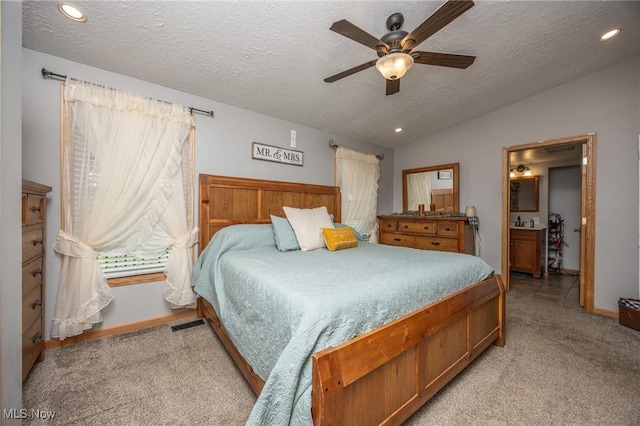 33992 Brwnsvl Co Line Rd, New Matamoras, OH 45767 - bedroom featuring light colored carpet, vaulted ceiling, a textured ceiling, baseboards, and recessed lighting