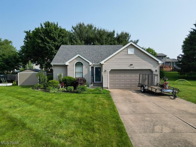 6647 Avalon St NW, Canton, OH 44708 - ranch-style home with a garage, concrete driveway, a front lawn, and a shingled roof