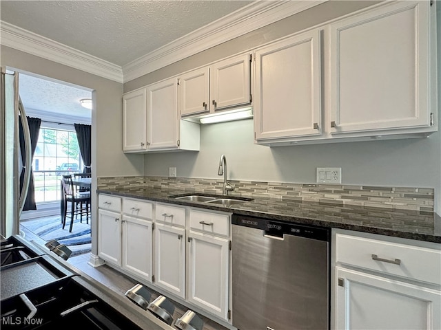 3430 E Prescott Cir, Cuyahoga Falls, OH 44223 - kitchen with dishwasher, a sink, white cabinetry, crown molding, and dark stone countertops