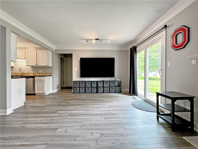3430 E Prescott Cir, Cuyahoga Falls, OH 44223 - living area featuring a textured ceiling, light wood-type flooring, ornamental molding, baseboards, and track lighting