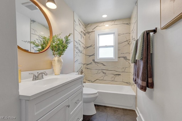 14148 Rochelle Dr, Maple Heights, OH 44137 - bathroom with vanity, toilet, shower / tub combination, tile patterned floors, and baseboards