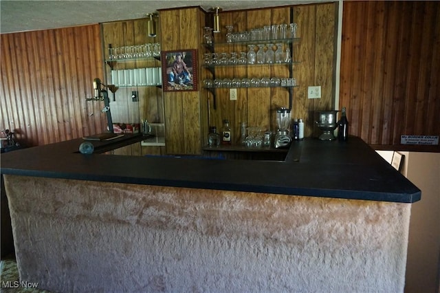 6019 New London Rd, Ashtabula, OH 44004 - bar area featuring wooden walls and a textured ceiling