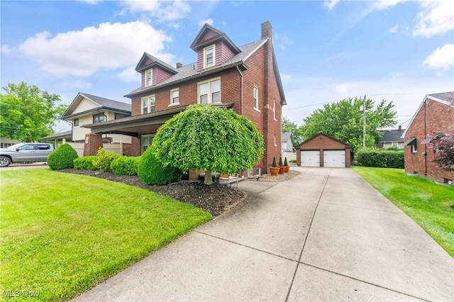 97 Overlook Blvd, Struthers, OH 44471 - view of front of property with brick siding, an outbuilding, a front lawn, a garage, and a chimney