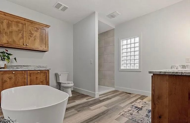 8320 Westfield Rd, Seville, OH 44273 - bathroom with vanity, wood finished floors, a soaking tub, toilet, and baseboards