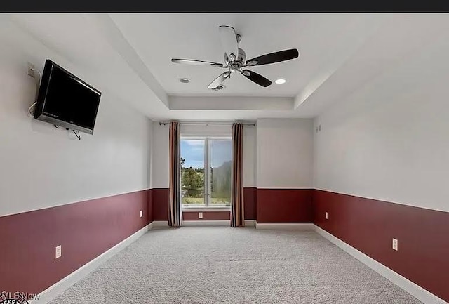 8320 Westfield Rd, Seville, OH 44273 - unfurnished room featuring ceiling fan, a raised ceiling, baseboards, and carpet floors