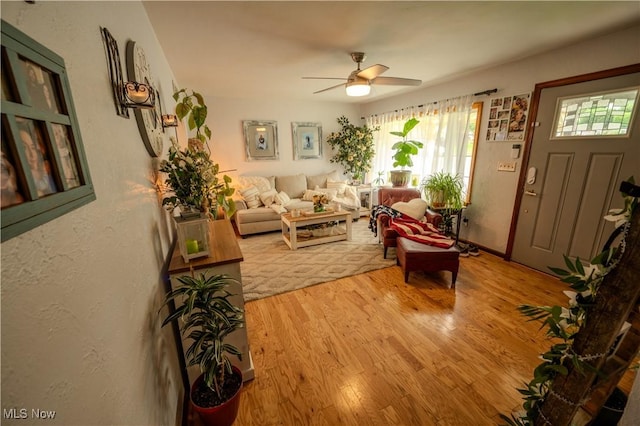 627 Elson St, East Liverpool, OH 43920 - living area featuring a ceiling fan, wood finished floors, plenty of natural light, and a textured wall