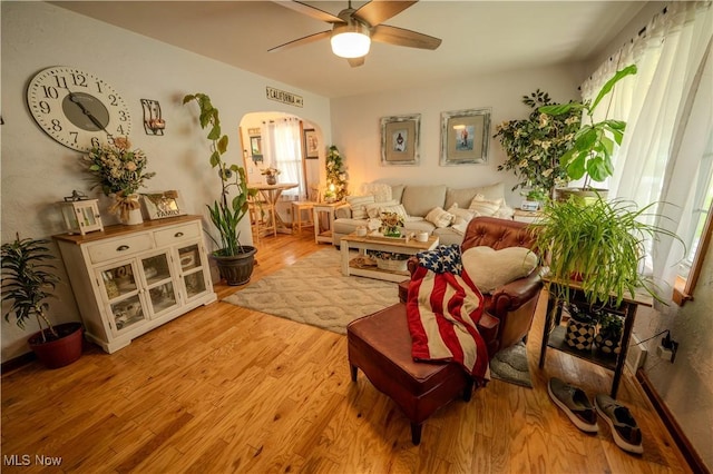 627 Elson St, East Liverpool, OH 43920 - living room featuring arched walkways, wood finished floors, and ceiling fan